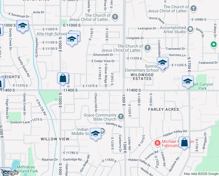 map of restaurants, bars, coffee shops, grocery stores, and more near 11361 Sandy Ridge Drive in Sandy