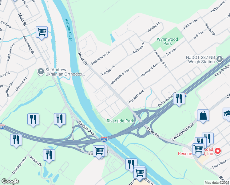 map of restaurants, bars, coffee shops, grocery stores, and more near 305 River Road in Piscataway Township