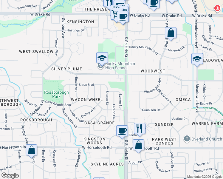 map of restaurants, bars, coffee shops, grocery stores, and more near 1118 Nez Perce Way in Fort Collins