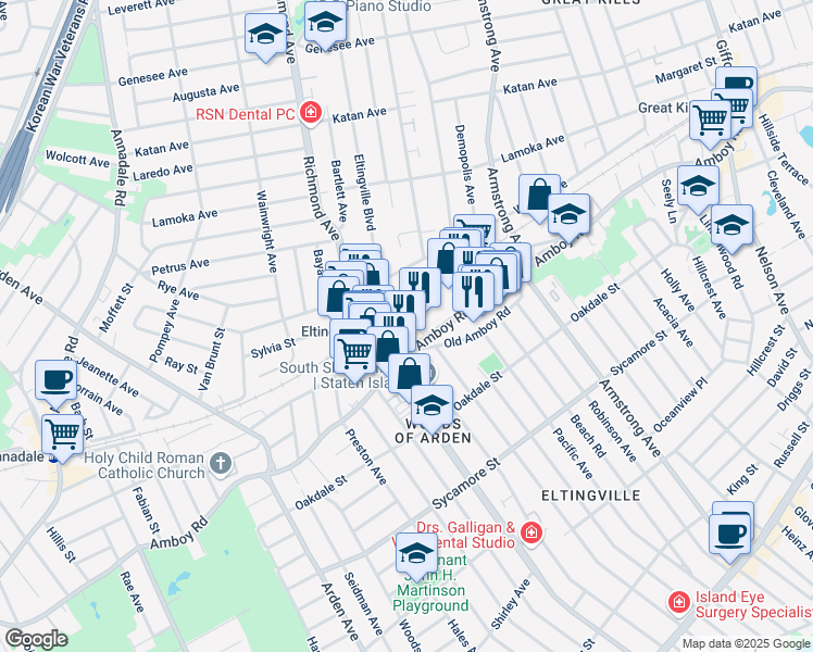 map of restaurants, bars, coffee shops, grocery stores, and more near 4455 Amboy Road in Staten Island