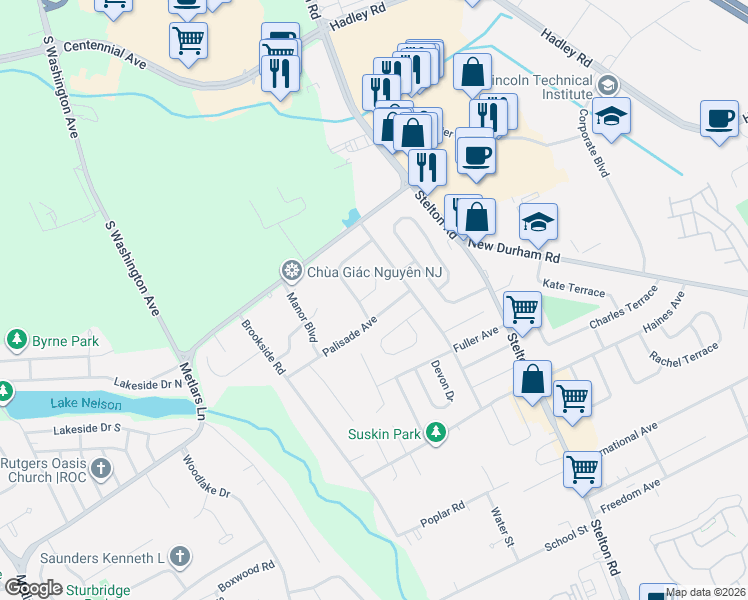 map of restaurants, bars, coffee shops, grocery stores, and more near 10 Concord Avenue in Piscataway
