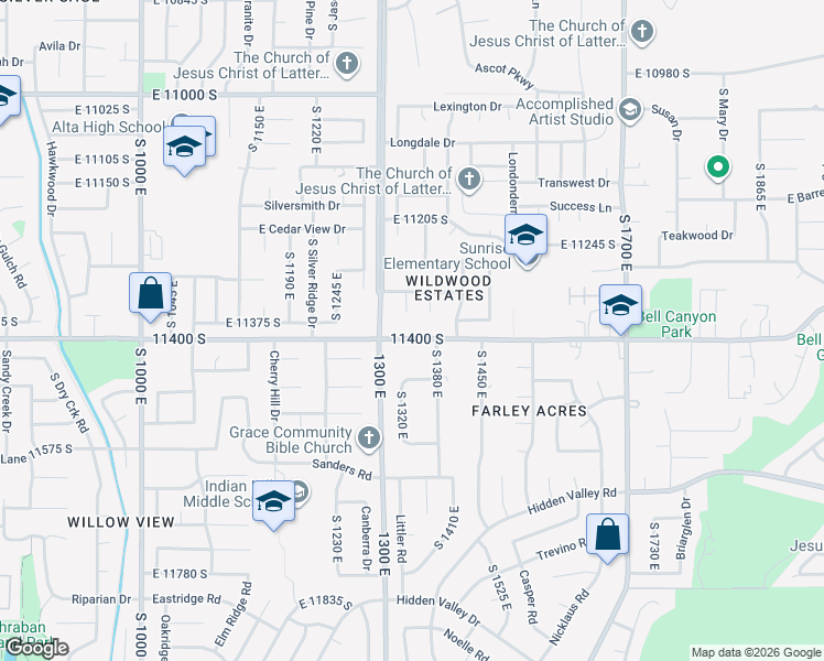 map of restaurants, bars, coffee shops, grocery stores, and more near 11353 Clifford Circle in Sandy