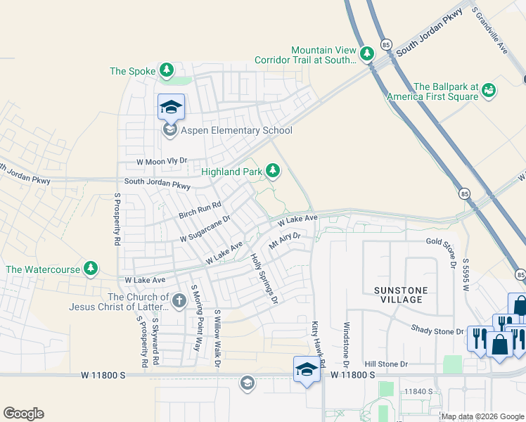 map of restaurants, bars, coffee shops, grocery stores, and more near Willow Walk Drive in South Jordan