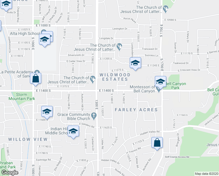 map of restaurants, bars, coffee shops, grocery stores, and more near 1377 East 11400 South in Sandy