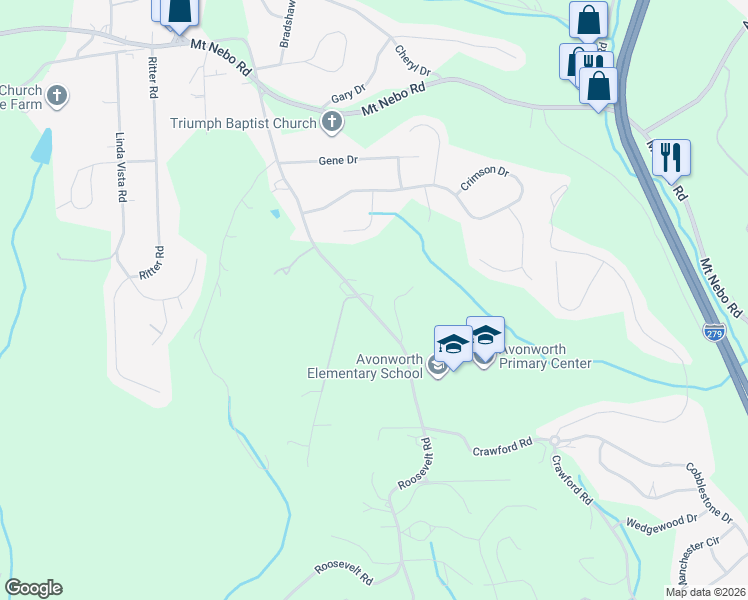map of restaurants, bars, coffee shops, grocery stores, and more near 1430 Roosevelt Road in Pittsburgh