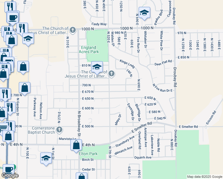 map of restaurants, bars, coffee shops, grocery stores, and more near 535 East 670 North in Tooele