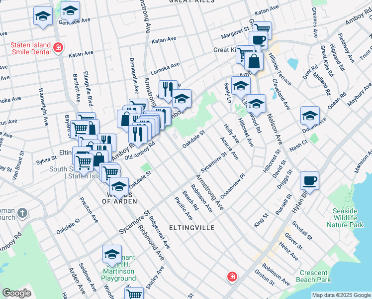 map of restaurants, bars, coffee shops, grocery stores, and more near 162 Oakdale Street in Staten Island