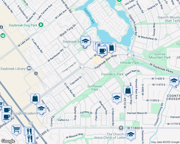 map of restaurants, bars, coffee shops, grocery stores, and more near 11379 South Oakmond Road in South Jordan