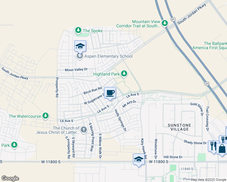 map of restaurants, bars, coffee shops, grocery stores, and more near 11383 New Bern Way in South Jordan