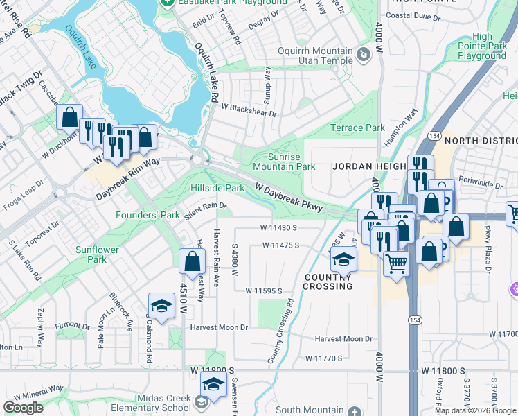 map of restaurants, bars, coffee shops, grocery stores, and more near 4307 Open Hill Drive in South Jordan