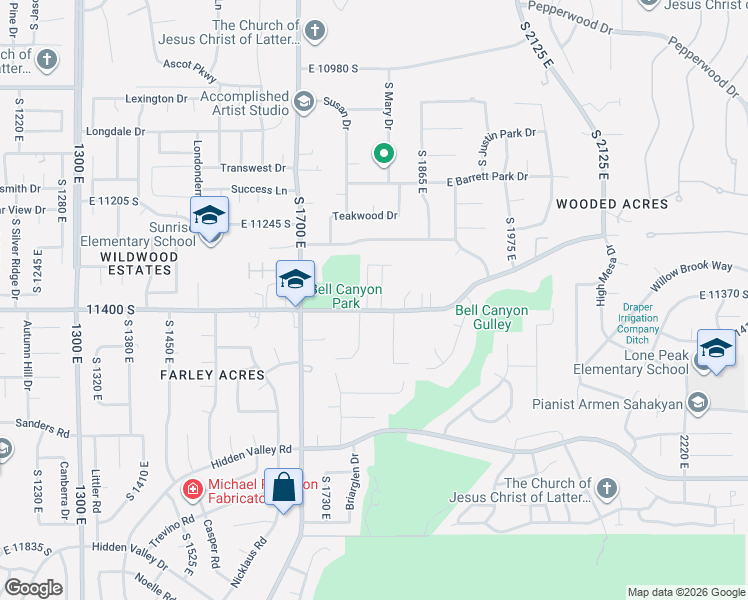 map of restaurants, bars, coffee shops, grocery stores, and more near 11382 Canyon Falls Lane in Sandy