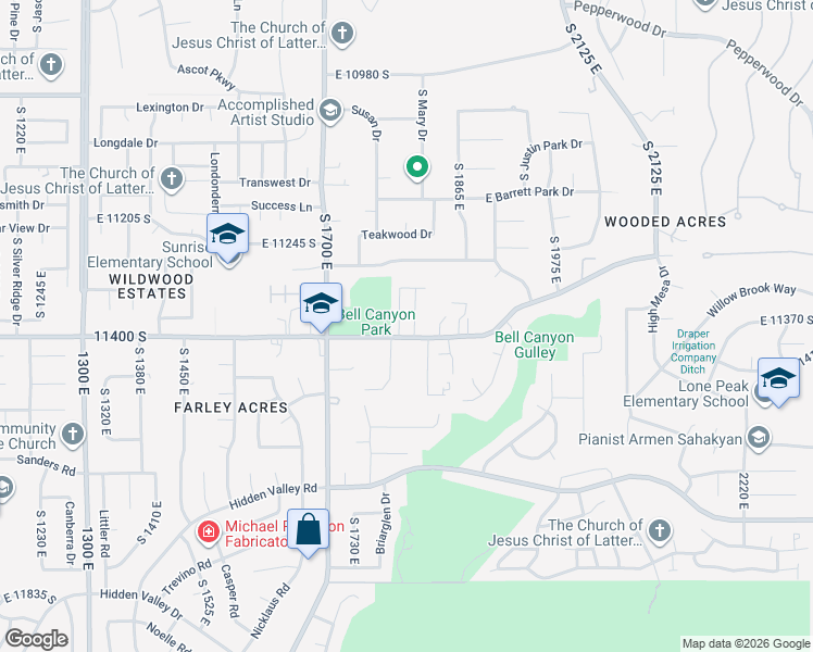 map of restaurants, bars, coffee shops, grocery stores, and more near 11382 Canyon Falls Lane in Sandy