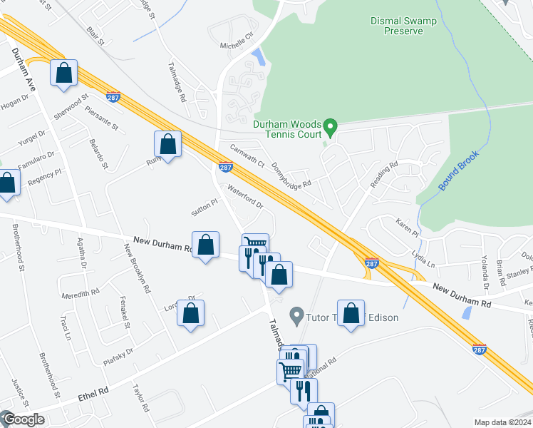 map of restaurants, bars, coffee shops, grocery stores, and more near 1017 Waterford Drive in Edison