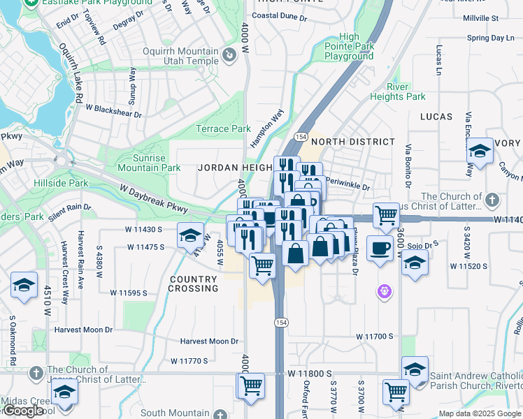 map of restaurants, bars, coffee shops, grocery stores, and more near 11353 Hereford Court in South Jordan
