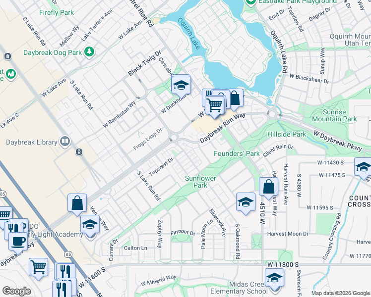 map of restaurants, bars, coffee shops, grocery stores, and more near 4781 Daybreak Rim Way in South Jordan