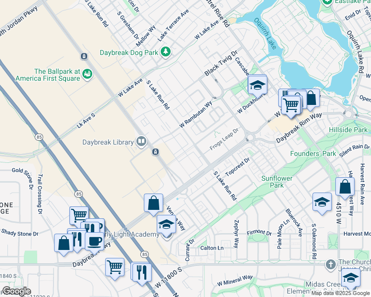 map of restaurants, bars, coffee shops, grocery stores, and more near 11362 Lake Run Road in South Jordan