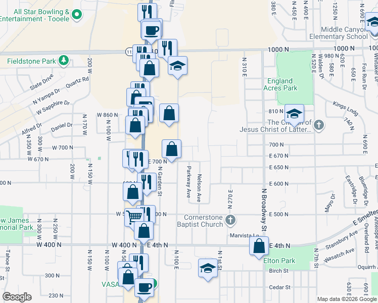 map of restaurants, bars, coffee shops, grocery stores, and more near 734 North 100 East in Tooele