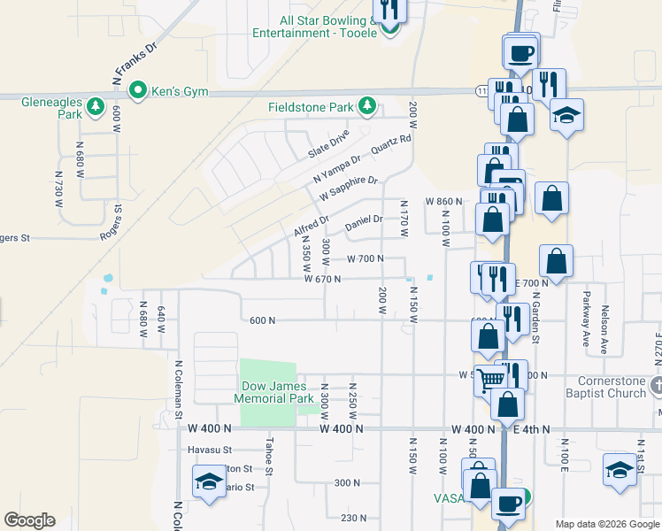 map of restaurants, bars, coffee shops, grocery stores, and more near 286 West 700 North in Tooele