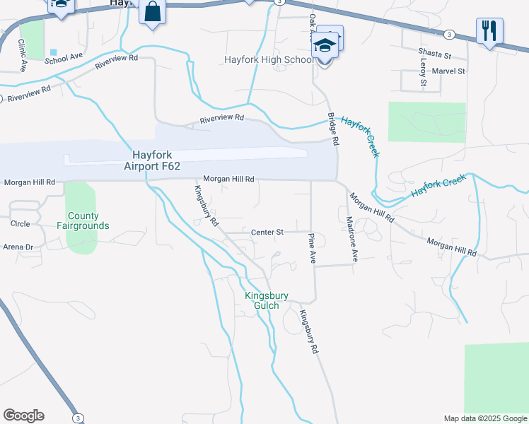map of restaurants, bars, coffee shops, grocery stores, and more near 840 Morgan Hill Road in Hayfork