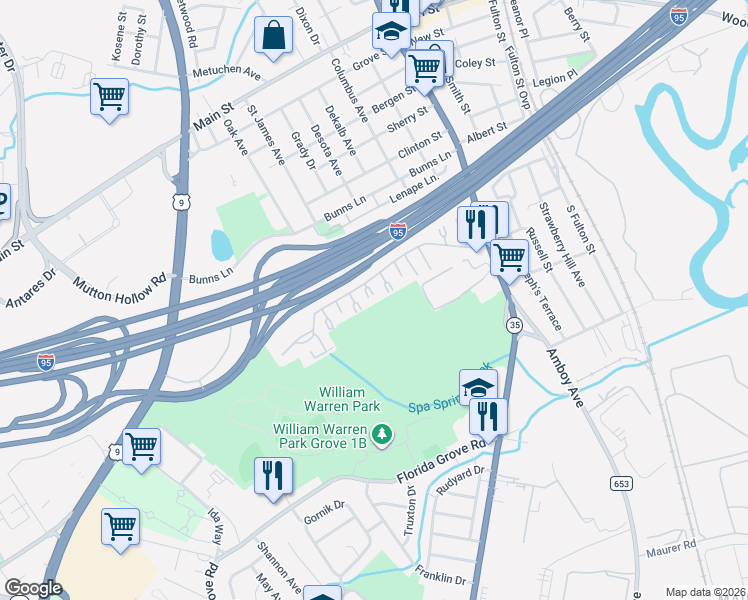 map of restaurants, bars, coffee shops, grocery stores, and more near 423 Cricket Lane in Woodbridge Township