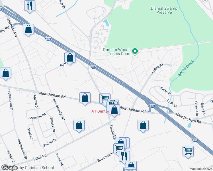 map of restaurants, bars, coffee shops, grocery stores, and more near 421 Waterford Drive in Edison