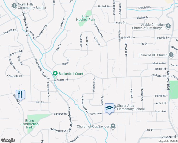 map of restaurants, bars, coffee shops, grocery stores, and more near 2900 Angeline Drive in Glenshaw