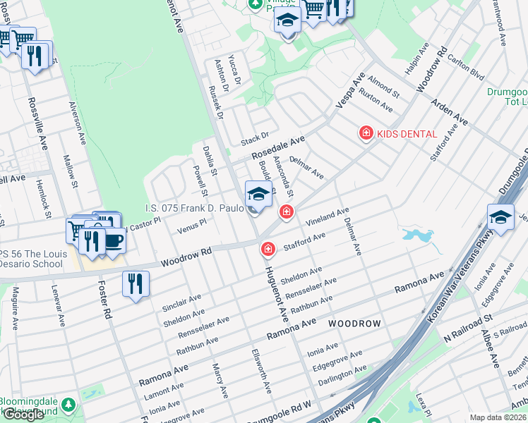 map of restaurants, bars, coffee shops, grocery stores, and more near 455 Huguenot Avenue in Staten Island