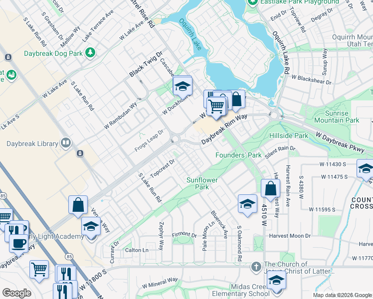 map of restaurants, bars, coffee shops, grocery stores, and more near 4781 Daybreak Rim Way in South Jordan