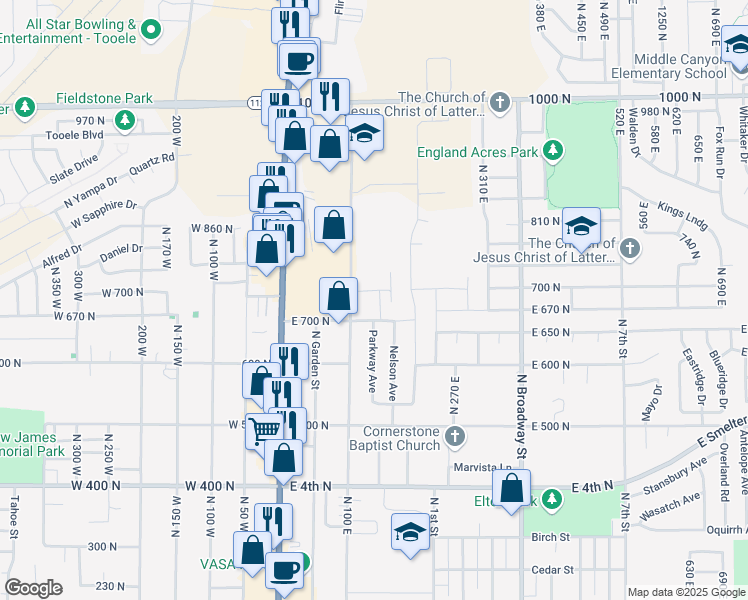 map of restaurants, bars, coffee shops, grocery stores, and more near 734 North 100 East in Tooele
