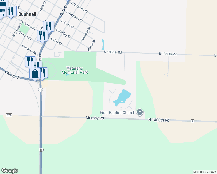 map of restaurants, bars, coffee shops, grocery stores, and more near 25 Hillcrest Drive in Bushnell