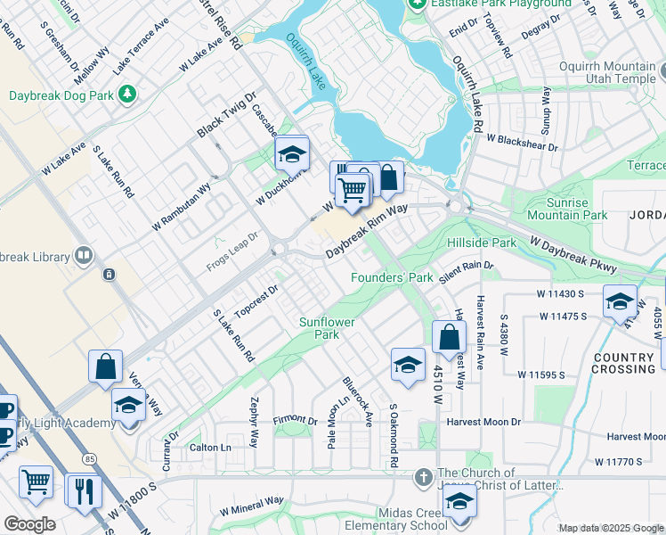 map of restaurants, bars, coffee shops, grocery stores, and more near 11381 Skylux Avenue in South Jordan