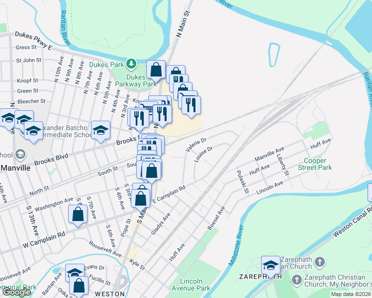map of restaurants, bars, coffee shops, grocery stores, and more near 84 Valerie Drive in Manville