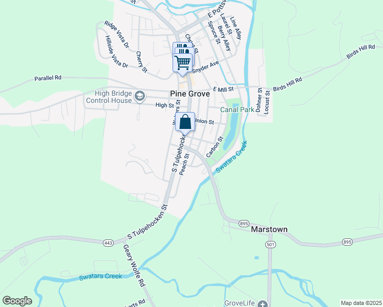 map of restaurants, bars, coffee shops, grocery stores, and more near 14 East Wood Street in Pine Grove