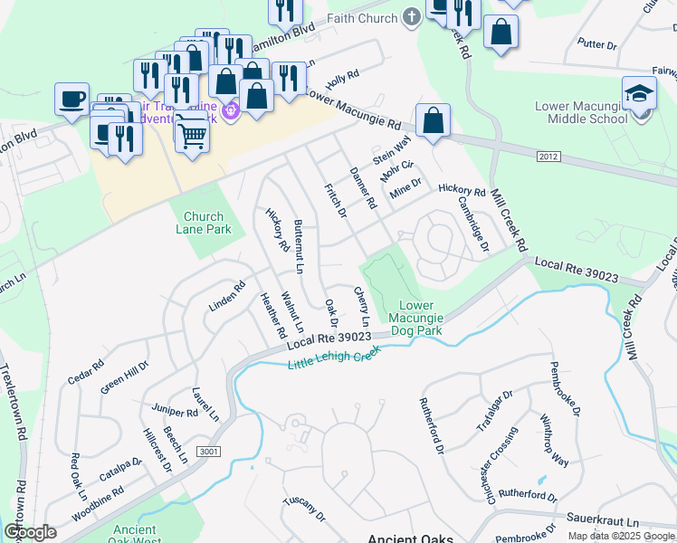 map of restaurants, bars, coffee shops, grocery stores, and more near 6860 Linden Circle in Macungie
