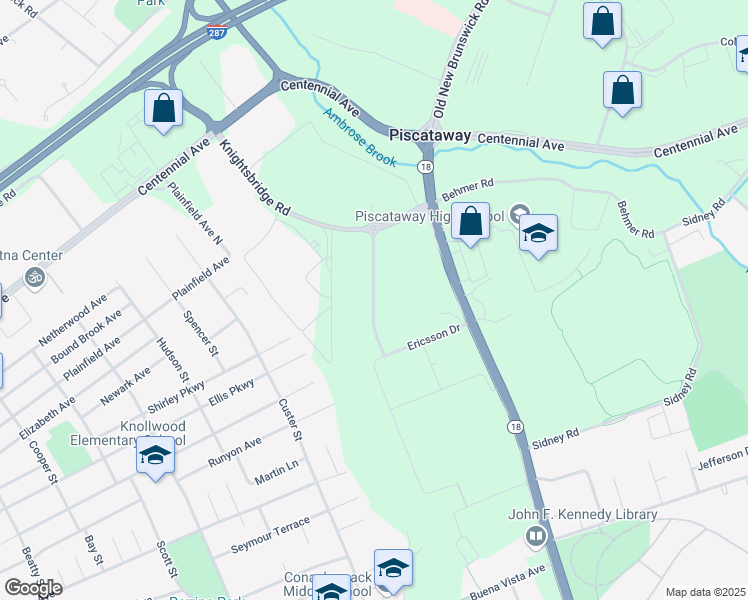map of restaurants, bars, coffee shops, grocery stores, and more near Ericsson Drive in Piscataway Township