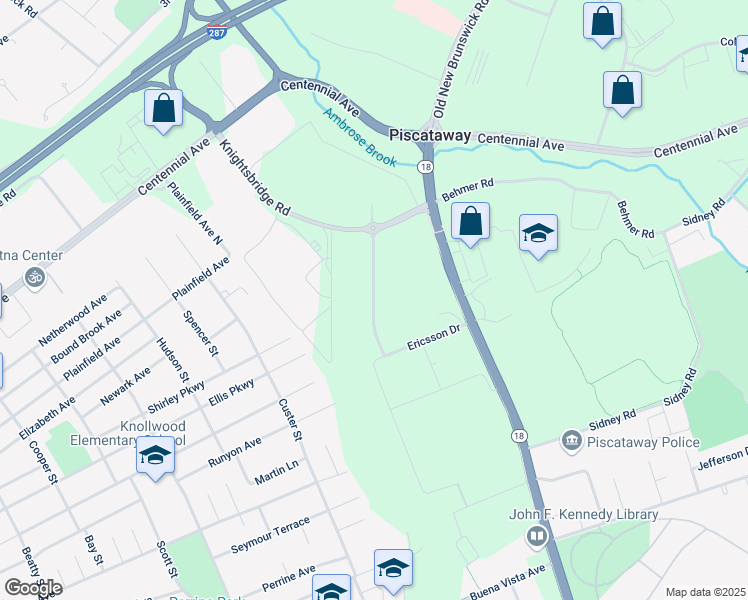 map of restaurants, bars, coffee shops, grocery stores, and more near Ericsson Drive in Piscataway Township
