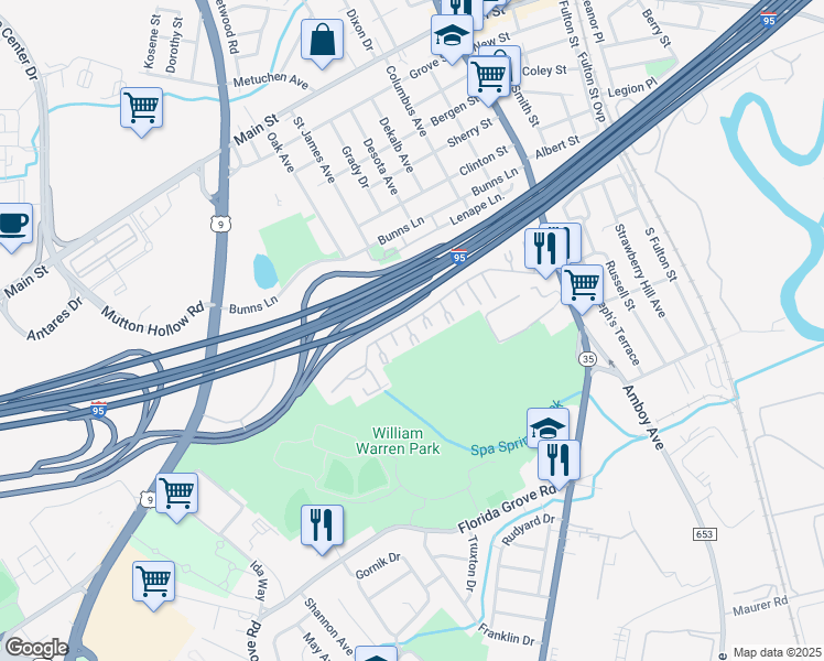 map of restaurants, bars, coffee shops, grocery stores, and more near 423 Cricket Lane in Woodbridge Township