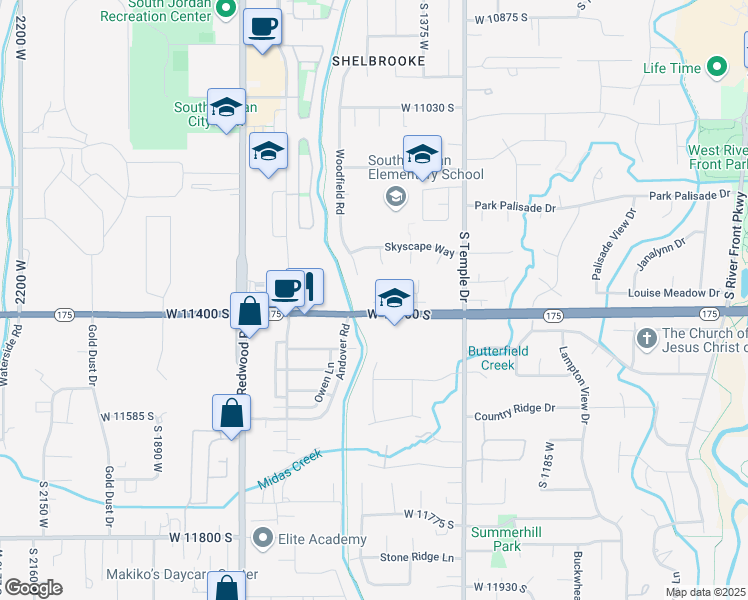 map of restaurants, bars, coffee shops, grocery stores, and more near 11333 Green Grass Court in South Jordan