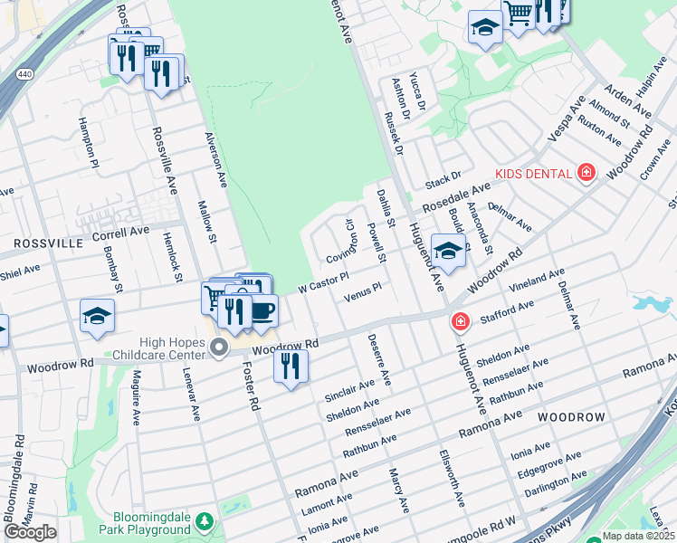 map of restaurants, bars, coffee shops, grocery stores, and more near 74 West Castor Place in Staten Island