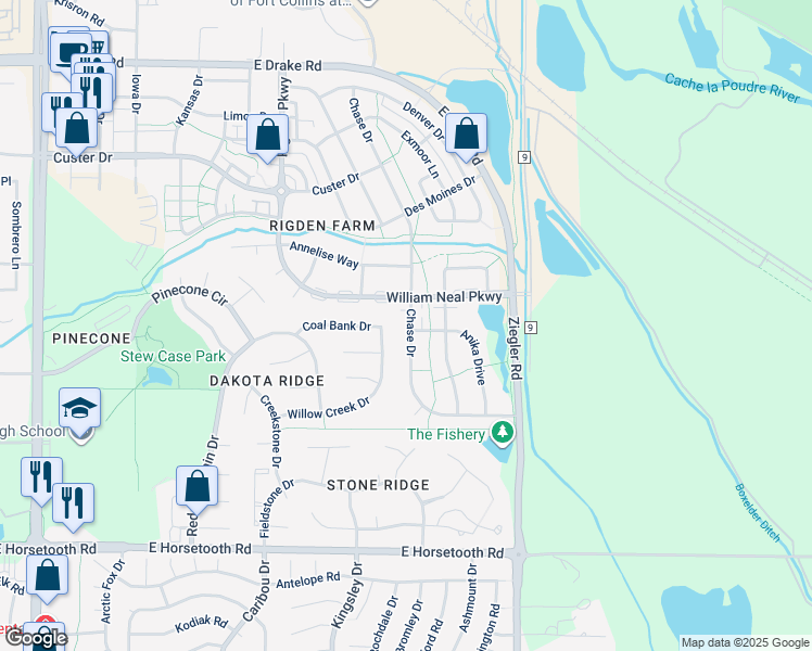 map of restaurants, bars, coffee shops, grocery stores, and more near 3115 Chase Drive in Fort Collins
