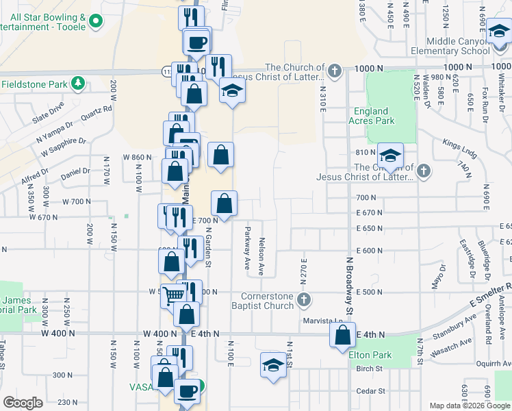 map of restaurants, bars, coffee shops, grocery stores, and more near 734 North 100 East in Tooele