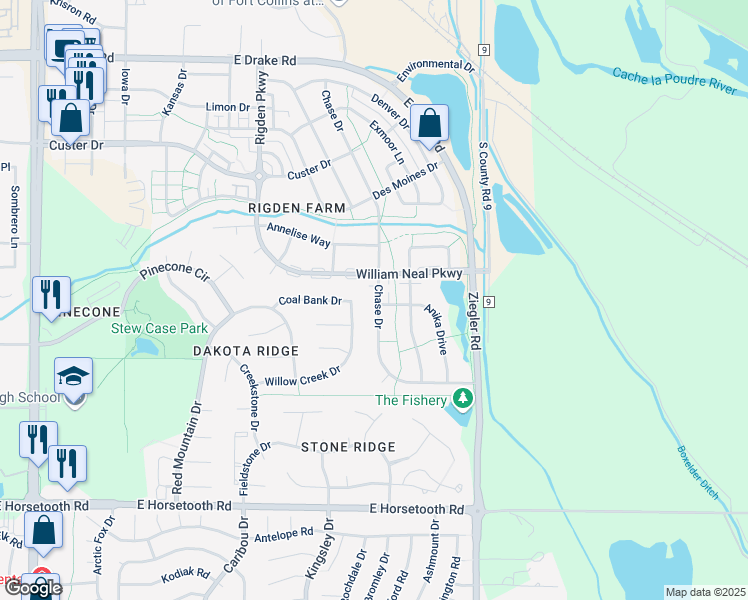 map of restaurants, bars, coffee shops, grocery stores, and more near 3115 Chase Drive in Fort Collins