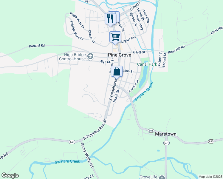 map of restaurants, bars, coffee shops, grocery stores, and more near 258 South Tulpehocken Street in Pine Grove