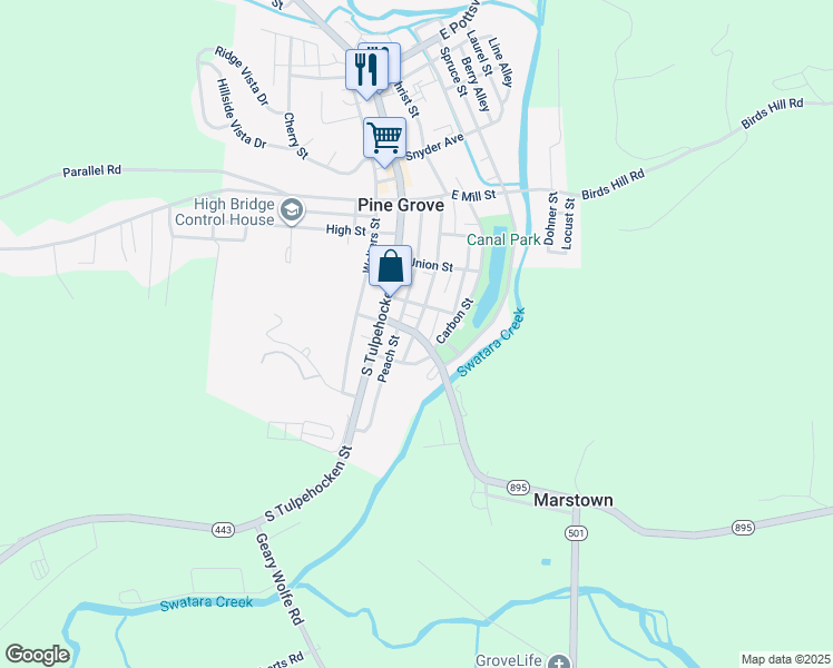 map of restaurants, bars, coffee shops, grocery stores, and more near 110 Mifflin Street in Pine Grove