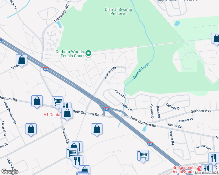 map of restaurants, bars, coffee shops, grocery stores, and more near 56 Karen Place in Edison
