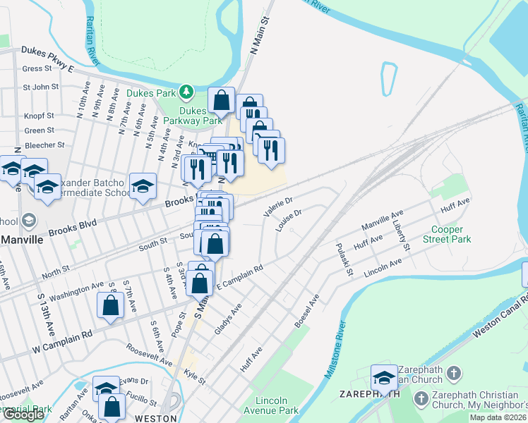 map of restaurants, bars, coffee shops, grocery stores, and more near 84 Valerie Drive in Manville