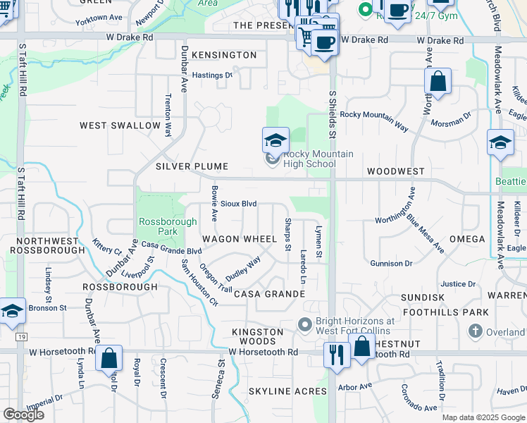 map of restaurants, bars, coffee shops, grocery stores, and more near 3106 Crockett Street in Fort Collins