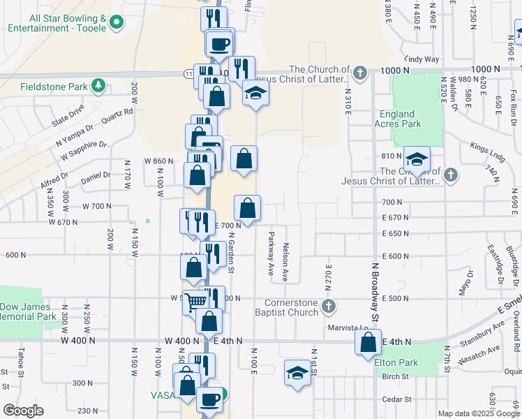 map of restaurants, bars, coffee shops, grocery stores, and more near 734 North 100 East in Tooele