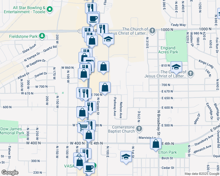 map of restaurants, bars, coffee shops, grocery stores, and more near 734 North 100 East in Tooele