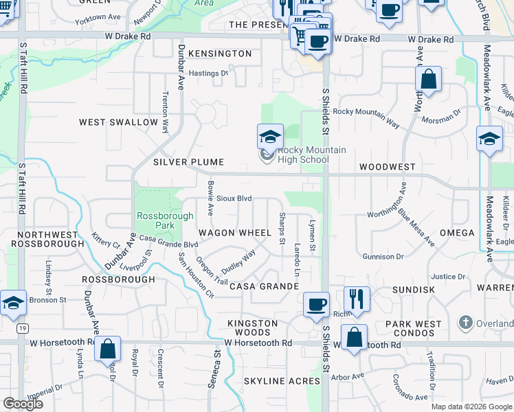 map of restaurants, bars, coffee shops, grocery stores, and more near 3100 Crockett Street in Fort Collins